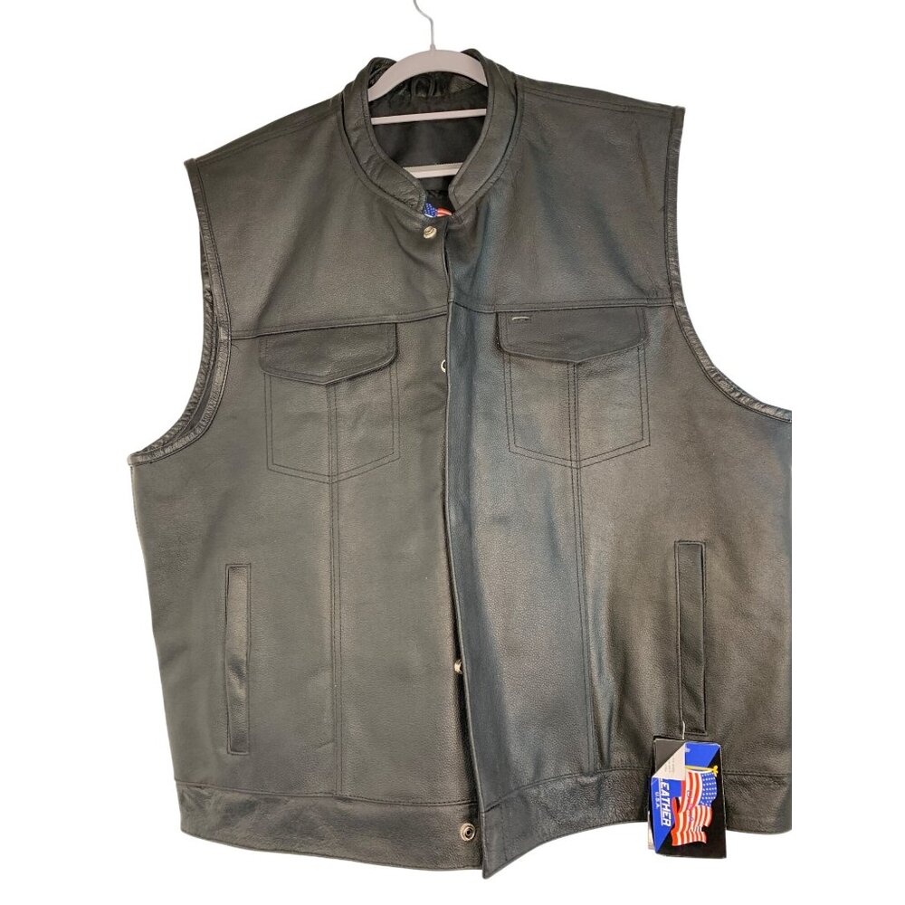 New Mens Black USA Leather Biker Vest 4XL Combat Trucker Gun Pocket RHH10564